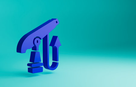 Blue Fishing harpoon icon isolated on blue background. Fishery manufacturers for catching fish under water. Diving underwater equipment. Minimalism concept. 3D render illustrationの写真素材