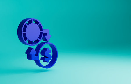 Blue Casino chips exchange on stacks of dollars icon isolated on blue background. Minimalism concept. 3D render illustrationの写真素材