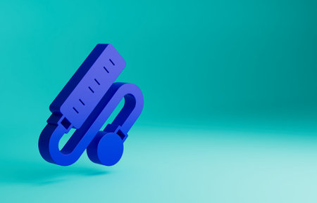 Blue Electric extension cord icon isolated on blue background. Power plug socket. Minimalism concept. 3D render illustrationの写真素材