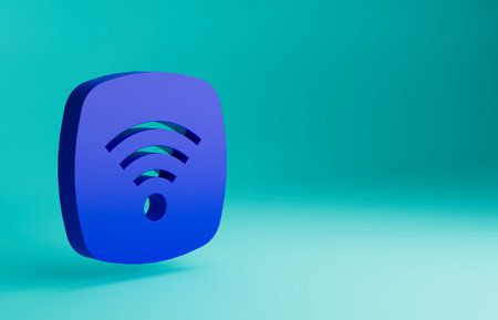 Blue Wi-Fi wireless internet network symbol icon isolated on blue background. Minimalism concept. 3D render illustrationの写真素材