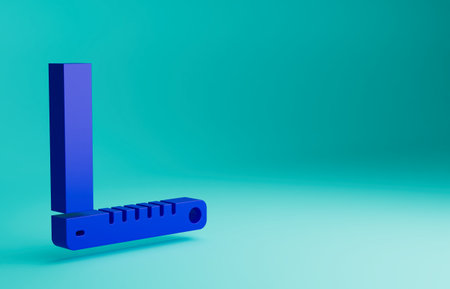 Blue Corner ruler icon isolated on blue background. Setsquare, angle ruler, carpentry, measuring utensil, scale. Minimalism concept. 3D render illustrationの写真素材