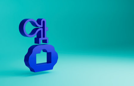 Blue Aftershave bottle with atomizer icon isolated on blue background. Cologne spray icon. Male perfume bottle. Minimalism concept. 3D render illustrationの写真素材