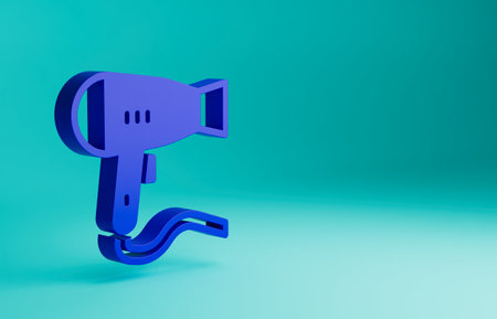 Blue Hair dryer icon isolated on blue background. Hairdryer sign. Hair drying symbol. Blowing hot air. Minimalism concept. 3D render illustrationの写真素材