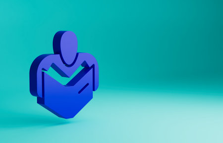 Blue Man reading book icon isolated on blue background. Minimalism concept. 3D render illustrationの写真素材