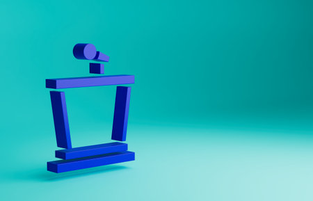 Blue Stage stand or debate podium rostrum icon isolated on blue background. Conference speech tribune. Minimalism concept. 3D render illustrationの写真素材