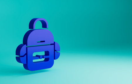 Blue School backpack icon isolated on blue background. Minimalism concept. 3D render illustrationの写真素材