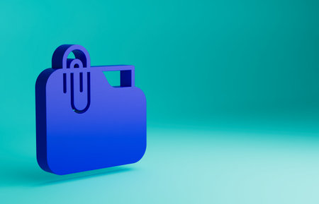 Blue Document folder with paper clip icon isolated on blue background. Accounting binder symbol. Bookkeeping management. Minimalism concept. 3D render illustrationの写真素材