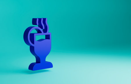 Blue Mulled wine with glass of drink and ingredients icon isolated on blue background. Cinnamon stick, clove, lemon slice. Minimalism concept. 3D render illustrationの写真素材