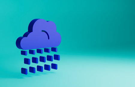 Blue Cloud with rain icon isolated on blue background. Rain cloud precipitation with rain drops. Minimalism concept. 3D render illustrationの写真素材