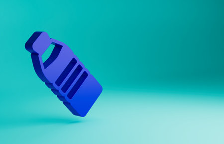 Blue Bottle of water icon isolated on blue background. Soda aqua drink sign. Minimalism concept. 3D render illustrationの写真素材