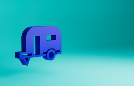 Blue Rv Camping trailer icon isolated on blue background. Travel mobile home, caravan, home camper for travel. Minimalism concept. 3D render illustrationの写真素材