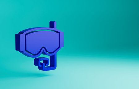 Blue Diving mask icon isolated on blue background. Extreme sport. Diving underwater equipment. Minimalism concept. 3D render illustrationの写真素材