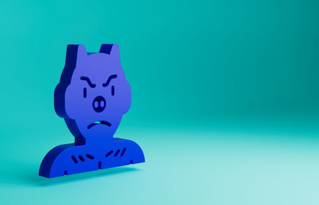 Blue Krampus, heck icon isolated on blue background. Horned devil. Traditional Christmas devil. Happy Halloween party. Minimalism concept. 3D render illustrationの写真素材