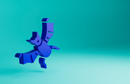 Blue Flying bat icon isolated on blue background. Happy Halloween party. Minimalism concept. 3D render illustrationの写真素材