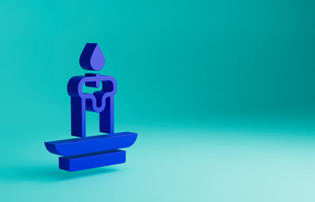 Blue Burning candle icon isolated on blue background. Cylindrical aromatic candle stick with burning flame. Happy Halloween party. Minimalism concept. 3D render illustrationの写真素材