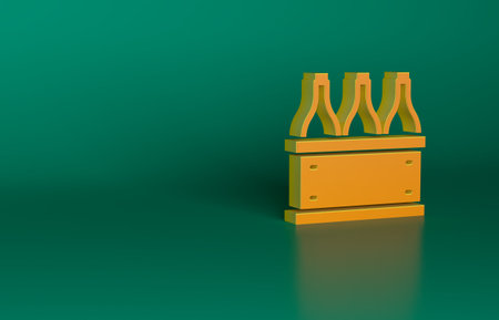 Orange Bottles of wine in a wooden box icon isolated on green background. Wine bottles in a wooden crate icon. Minimalism concept. 3D render illustrationの写真素材