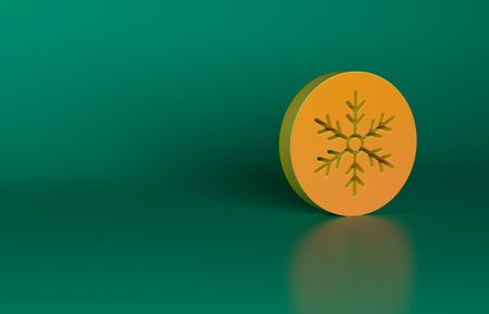 Orange Snowflake icon isolated on green background. Merry Christmas and Happy New Year. Minimalism concept. 3D render illustrationの写真素材