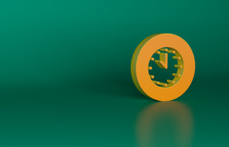 Orange Clock icon isolated on green background. Time symbol. Minimalism concept. 3D render...