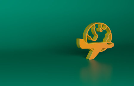 Orange Globe with flying plane icon isolated on green background. Airplane fly around the planet earth. Aircraft world icon. Minimalism concept. 3D render illustrationの写真素材