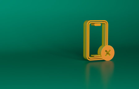 Orange No cell phone icon isolated on green background. No talking and calling sign. Cell prohibition. Minimalism concept. 3D render illustrationの写真素材