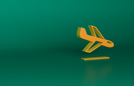 Orange Plane landing icon isolated on green background. Airplane transport symbol. Minimalism concept. 3D render illustrationの写真素材