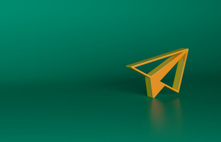 Orange Paper airplane icon isolated on green background. Minimalism concept. 3D render illustrationの写真素材