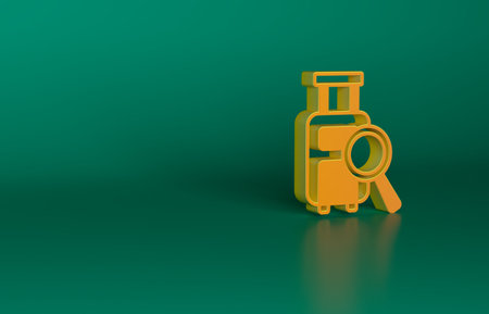 Orange Airline service of finding lost baggage icon isolated on green background. Search luggage. Minimalism concept. 3D render illustrationの写真素材