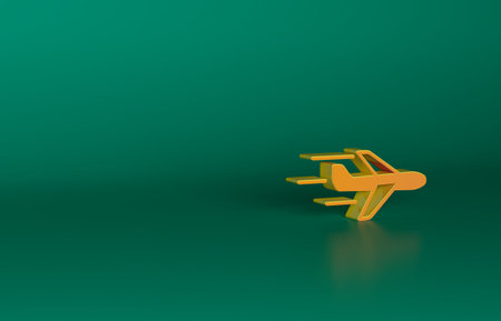 Orange Plane icon isolated on green background. Flying airplane icon. Airliner sign. Minimalism concept. 3D render illustrationの写真素材