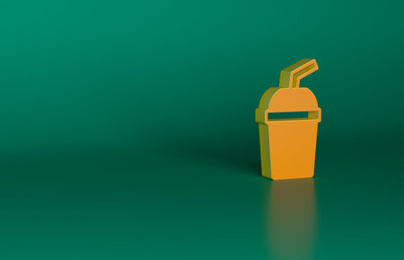 Orange Paper glass with drinking straw and water icon isolated on green background. Soda drink glass. Fresh cold beverage symbol. Minimalism concept. 3D render illustrationの写真素材