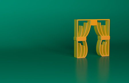 Orange Circus curtain raises icon isolated on green background. For theater or opera scene backdrop, concert grand opening or cinema premiere. Minimalism concept. 3D render illustrationの写真素材