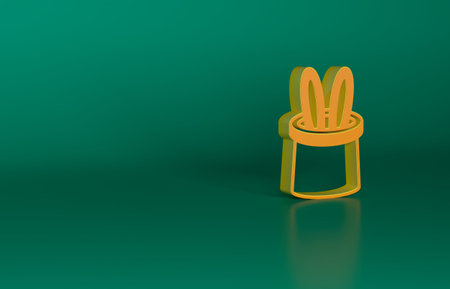 Orange Magician hat and rabbit ears icon isolated on green background. Magic trick. Mystery entertainment concept. Minimalism concept. 3D render illustrationの写真素材