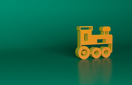 Orange Toy train icon isolated on green background. Minimalism concept. 3D render illustrationの写真素材