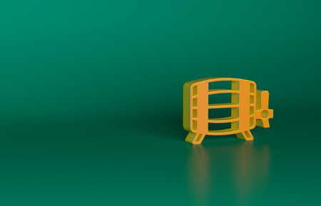 Orange Wooden barrel icon isolated on green background. Alcohol barrel, drink container, wooden keg for beer, whiskey, wine. Minimalism concept. 3D render illustrationの写真素材