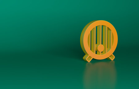 Orange Wooden barrel icon isolated on green background. Alcohol barrel, drink container, wooden keg for beer, whiskey, wine. Minimalism concept. 3D render illustrationの写真素材