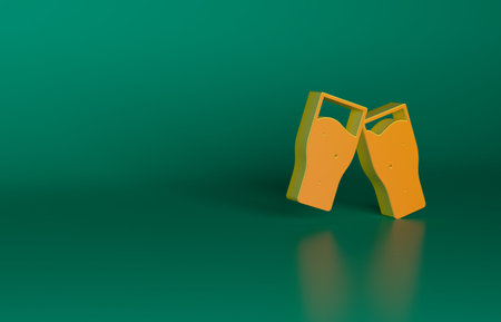 Orange Glass of beer icon isolated on green background. Minimalism concept. 3D render illustrationの写真素材