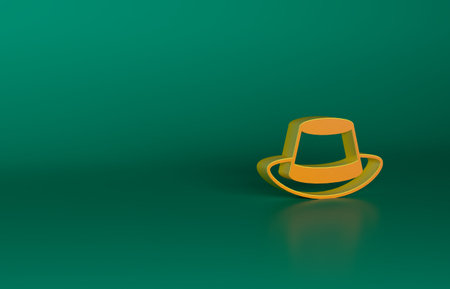 Orange Oktoberfest hat icon isolated on green background. Hunter hat with feather. German hat. Minimalism concept. 3D render illustrationの写真素材