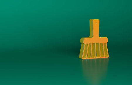 Orange Handle broom icon isolated on green background. Cleaning service concept. Minimalism concept. 3D render illustrationの写真素材