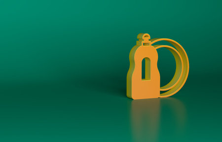 Orange Dishwashing liquid bottle and plate icon isolated on green background. Liquid detergent for washing dishes. Minimalism concept. 3D render illustrationの写真素材