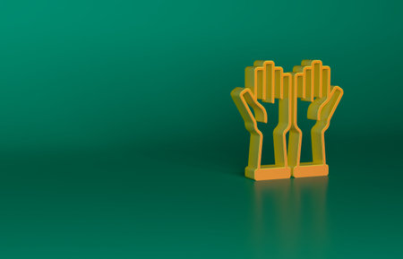 Orange Rubber gloves icon isolated on green background. Latex hand protection sign. Housework cleaning equipment symbol. Minimalism concept. 3D render illustrationの写真素材