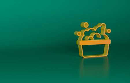 Orange Plastic basin with soap suds icon isolated on green background. Bowl with water. Washing clothes, cleaning equipment. Minimalism concept. 3D render illustrationの写真素材