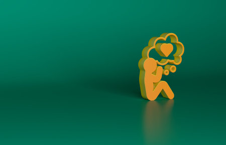 Orange Human head with heart icon isolated on green background. Love concept with human head. Minimalism concept. 3D render illustrationの写真素材
