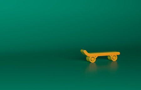 Orange Skateboard icon isolated on green background. Extreme sport. Sport equipment. Minimalism concept. 3D render illustrationの写真素材