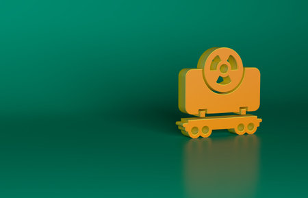 Orange Radioactive cargo train wagon icon isolated on green background. Freight car. Railroad transportation. Minimalism concept. 3D render illustrationの写真素材