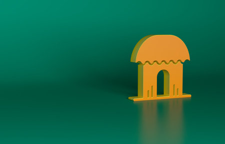 Orange African hut icon isolated on green background. African house symbol. Minimalism concept. 3D render illustrationの写真素材