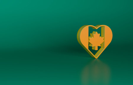 Orange Heart shaped Canada flag icon isolated on green background. Love Canada symbol. Minimalism concept. 3D render illustrationの写真素材