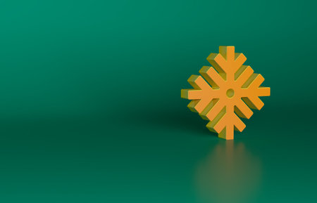 Orange Snowflake icon isolated on green background. Merry Christmas and Happy New Year. Minimalism concept. 3D render illustrationの写真素材