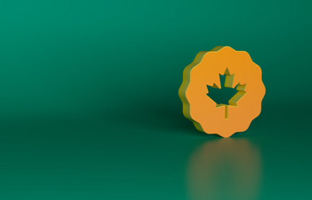 Orange Canadian maple leaf icon isolated on green background. Canada symbol maple leaf. Minimalism concept. 3D render illustrationの写真素材