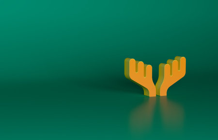 Orange Deer antlers icon isolated on green background. Hunting trophy on wall. Minimalism concept. 3D render illustrationの写真素材