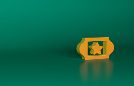 Orange Cinema ticket icon isolated on green background. Minimalism concept. 3D render illustrationの写真素材