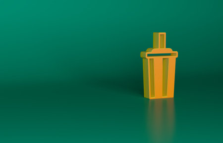 Orange Paper glass with drinking straw and water icon isolated on green background. Soda drink glass. Fresh cold beverage symbol. Minimalism concept. 3D render illustrationの写真素材